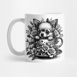 chihuahua peeking dog out from a teacup, surrounded by delicate flowers Mug